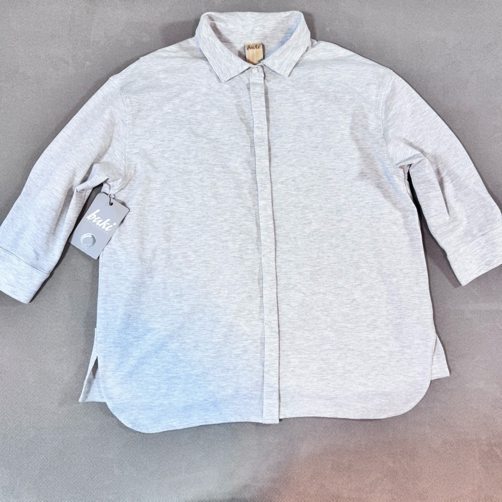 Buki Women’s Button Up Top Shirt Gray Supima Cotton 3/4 Sleeves Size XL